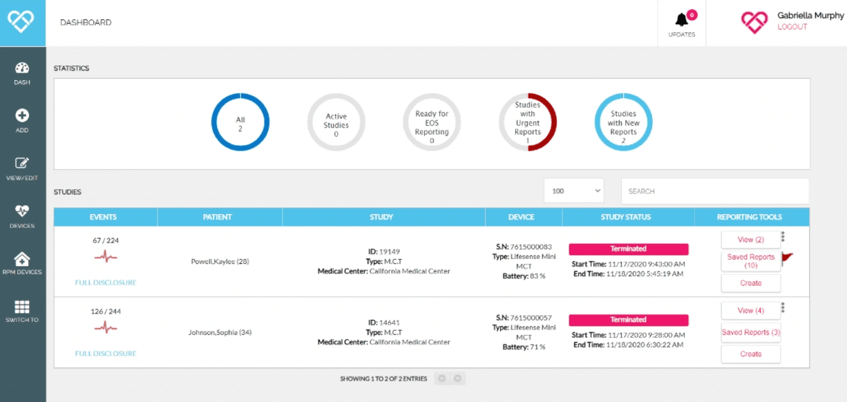 Study dashboard listing active studies, statuses, and reporting tools